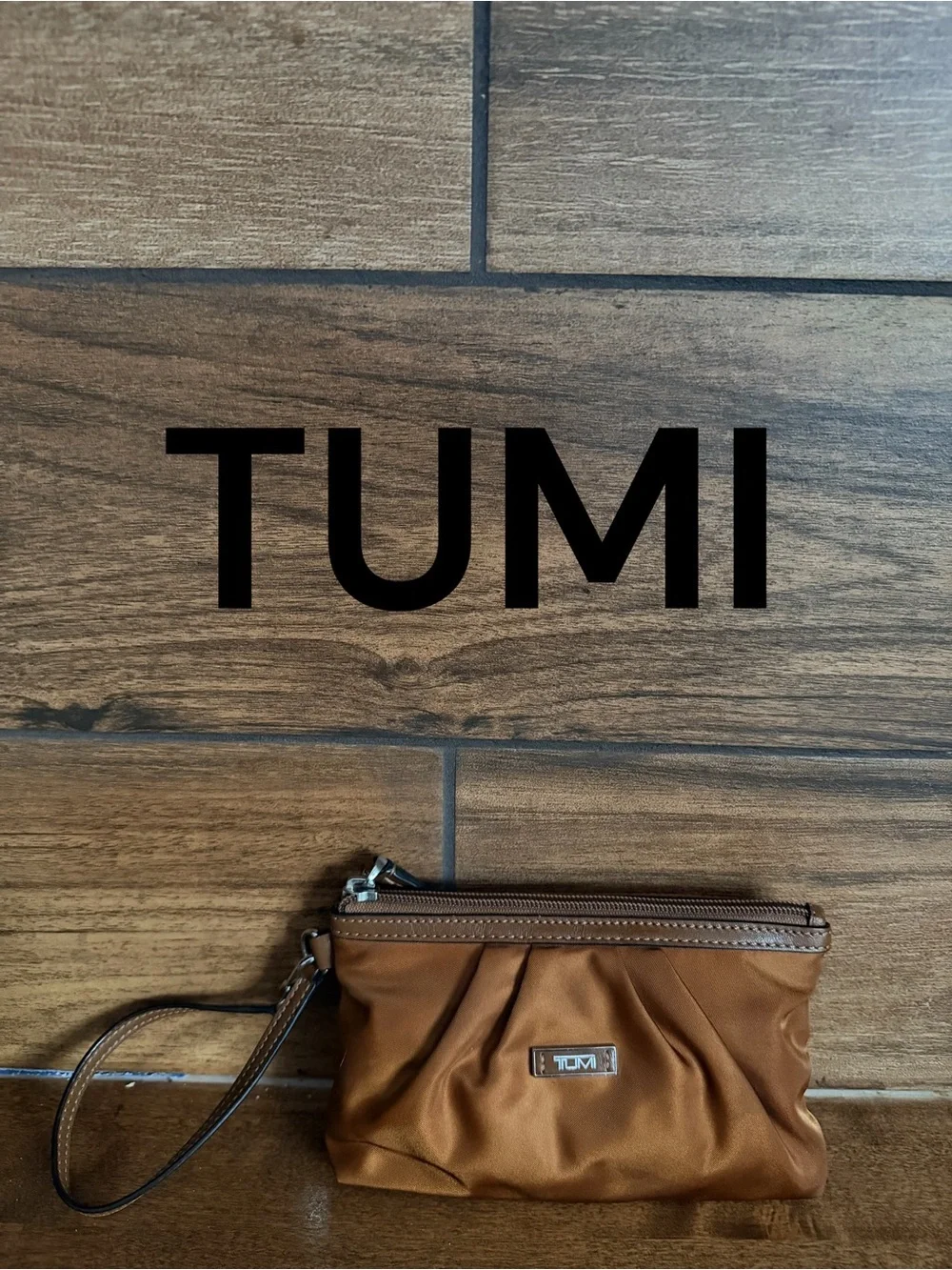 TUMI Nylon Wristlet Pouch Cosmetic Bag Travel Organizer Brown Leather Trim
